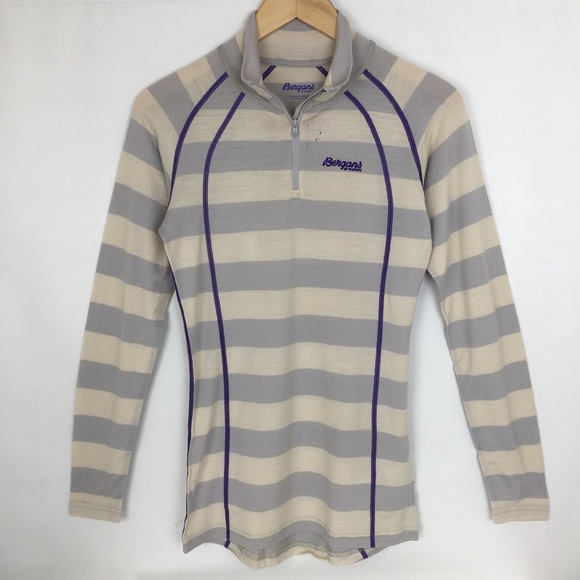 Wool Base Layer Quarter Zip Top Gray White Stripe Women’s S Bergans of Norway - Picture 1 of 12